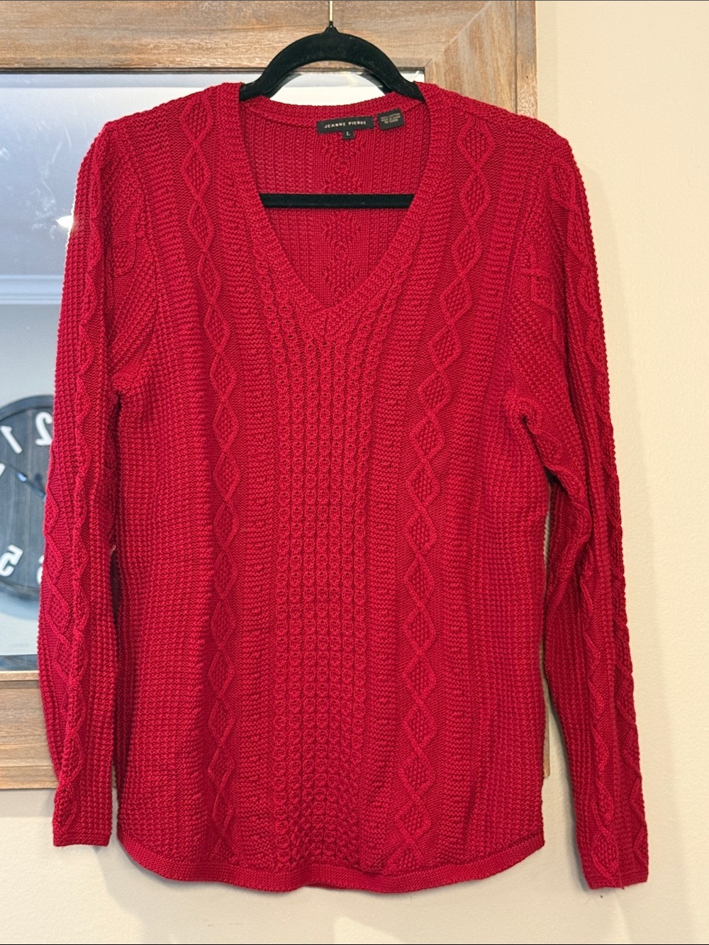 JEANNE PIERRE Red Cable-Knit V-Neck Sweater